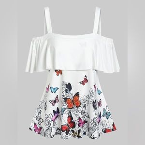 Dresslily Ruffled Cold Shoulder Butterfly Print Tee (White) (12)